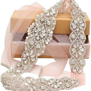 Bridal Rhinestone Organza Wedding Dress Belt Pink